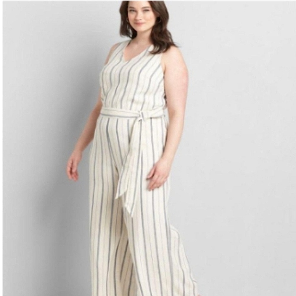Lane Bryant linen blend cream pinstripe blue sleeveless belted jumpsuit